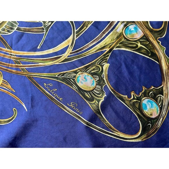 Lalique Paris "Parade Royale" Large Silk Scarf 33”x33” Navy Blue Gold Peacock - Picture 5 of 8